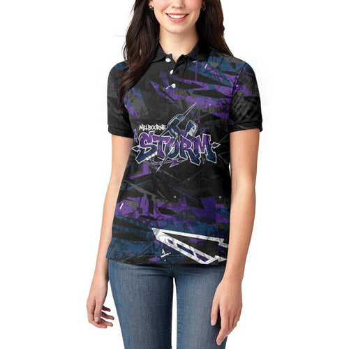 Personalized Melbourne Storm Women Polo Shirt Graffiti Grunge Abstract Urban Street Style Design