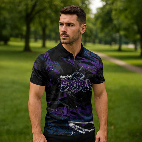 Personalized Melbourne Storm Zipper Polo Shirt Graffiti Grunge Abstract Urban Street Style Design