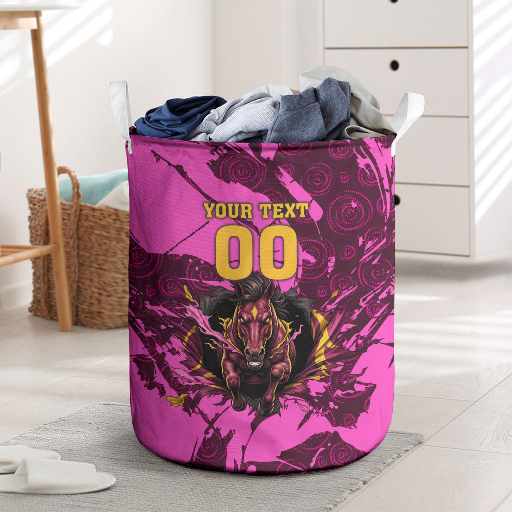 Personalised Brisbane Broncos Laundry Basket Fierce Horse Mascot In Pink Aboriginal Dot Art Style