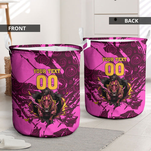Personalised Brisbane Broncos Laundry Basket Fierce Horse Mascot In Pink Aboriginal Dot Art Style