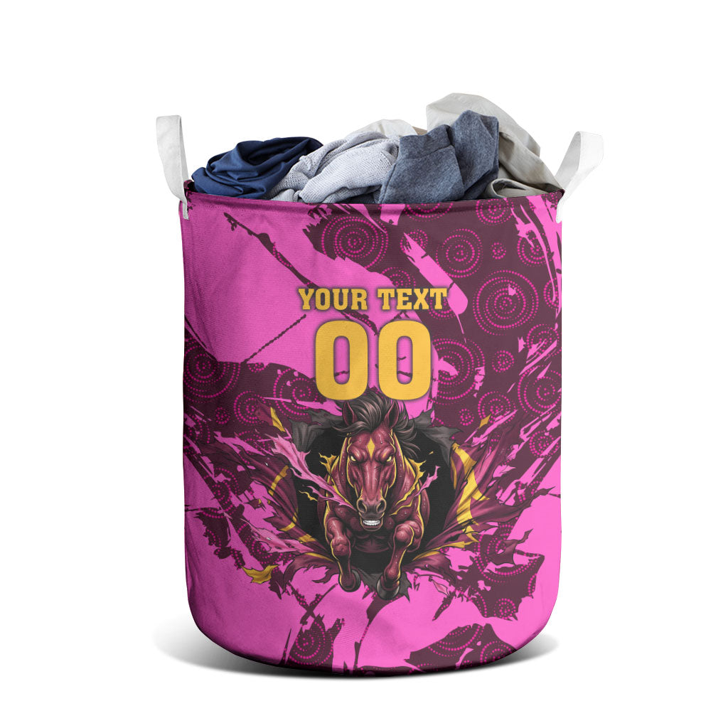 Personalised Brisbane Broncos Laundry Basket Fierce Horse Mascot In Pink Aboriginal Dot Art Style