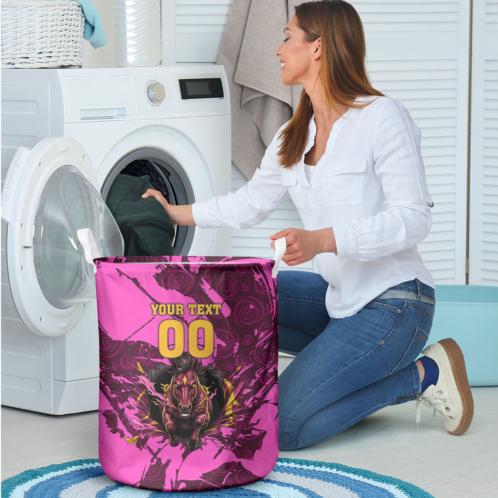 Personalised Brisbane Broncos Laundry Basket Fierce Horse Mascot In Pink Aboriginal Dot Art Style