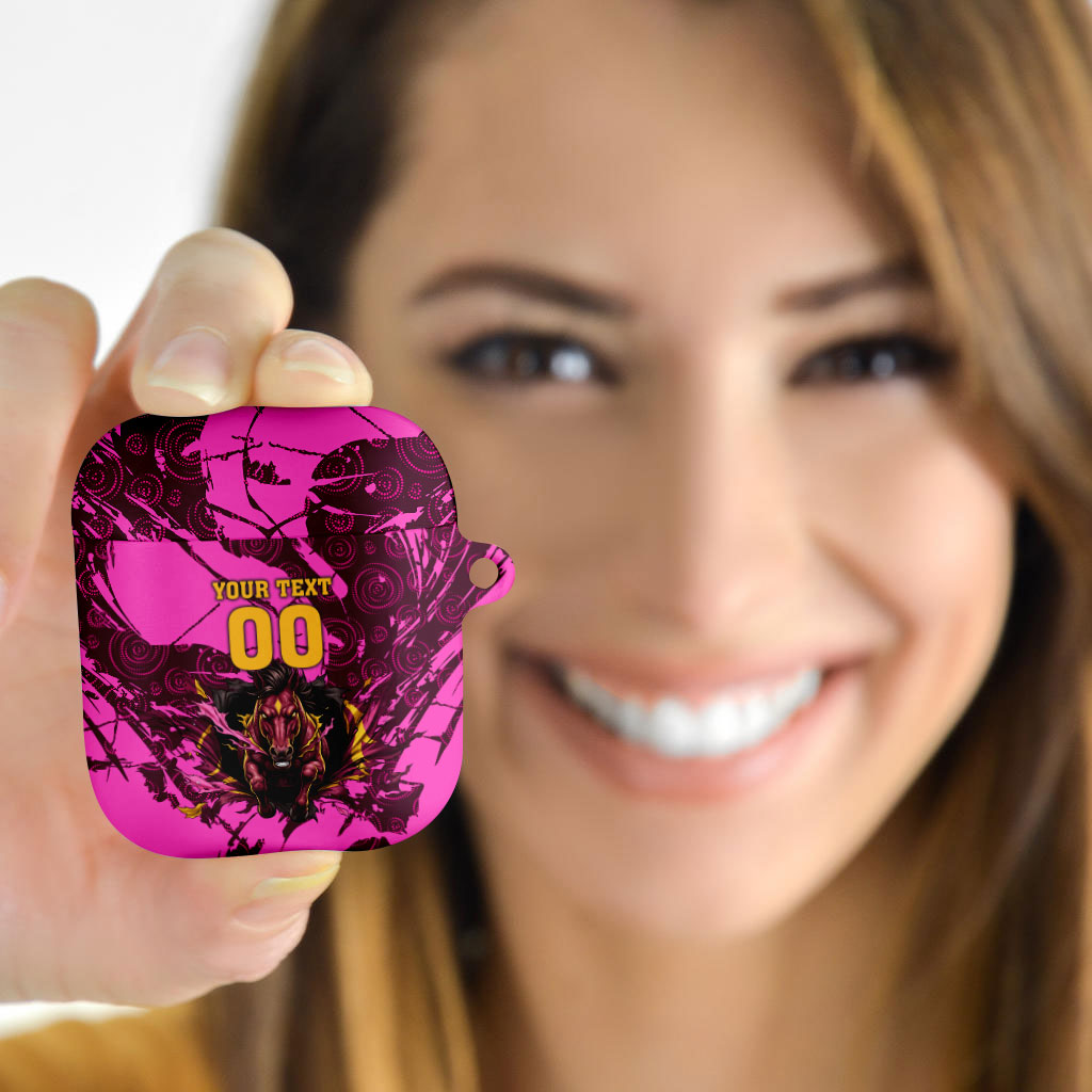 Personalised Brisbane Broncos AirPods Case Fierce Horse Mascot In Pink Aboriginal Dot Art Style