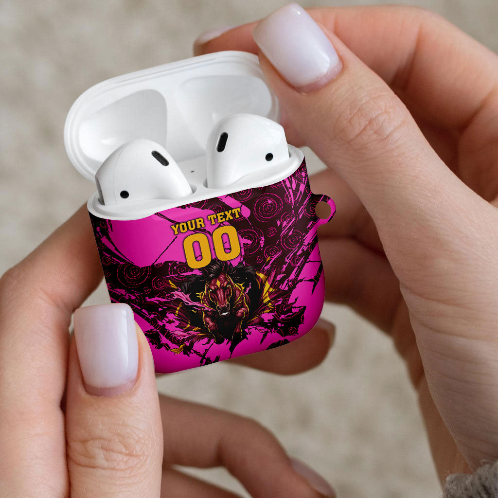 Personalised Brisbane Broncos AirPods Case Fierce Horse Mascot In Pink Aboriginal Dot Art Style