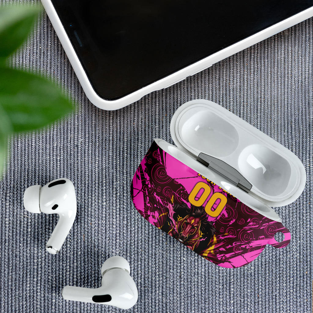 Personalised Brisbane Broncos AirPods Case Fierce Horse Mascot In Pink Aboriginal Dot Art Style