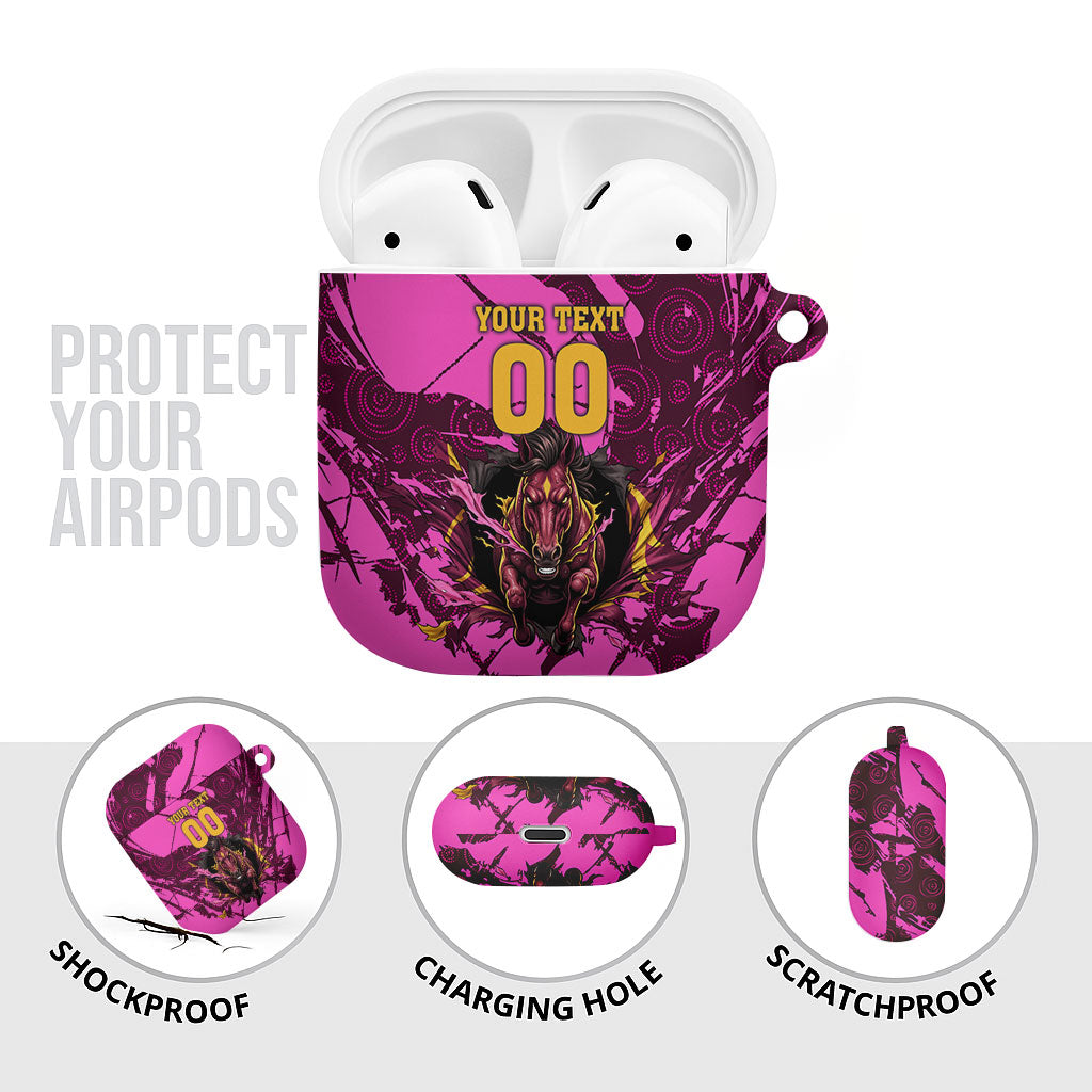 Personalised Brisbane Broncos AirPods Case Fierce Horse Mascot In Pink Aboriginal Dot Art Style