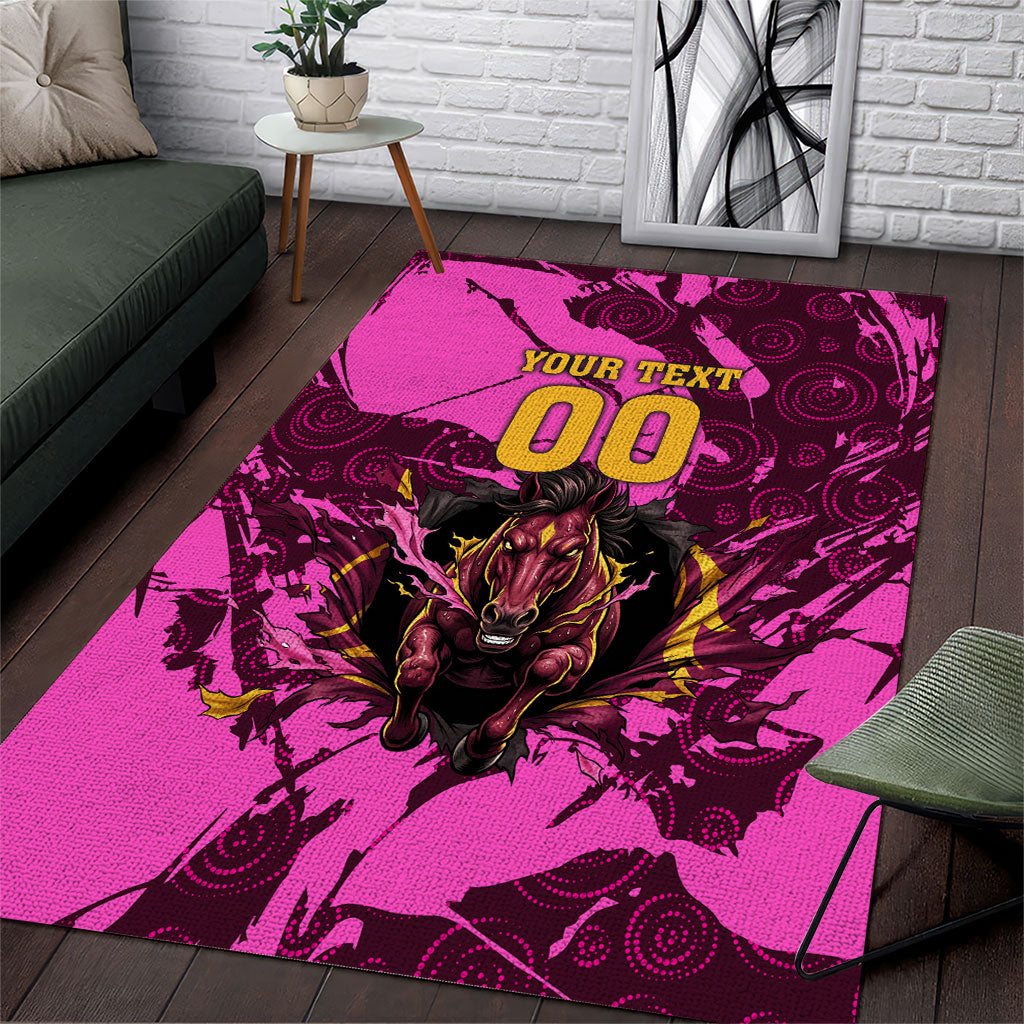 Personalised Brisbane Broncos Area Rug Fierce Horse Mascot In Pink Aboriginal Dot Art Style