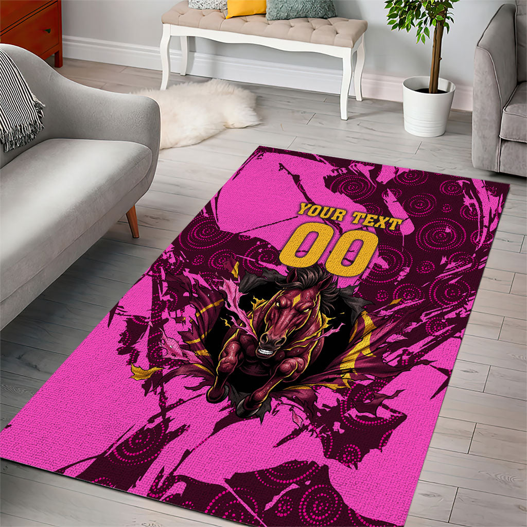 Personalised Brisbane Broncos Area Rug Fierce Horse Mascot In Pink Aboriginal Dot Art Style