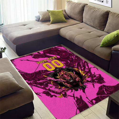 Personalised Brisbane Broncos Area Rug Fierce Horse Mascot In Pink Aboriginal Dot Art Style