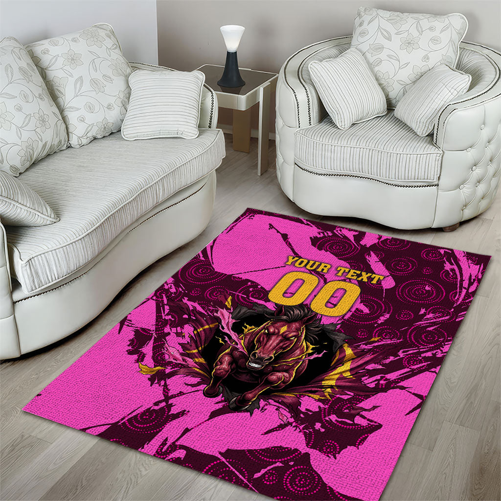 Personalised Brisbane Broncos Area Rug Fierce Horse Mascot In Pink Aboriginal Dot Art Style