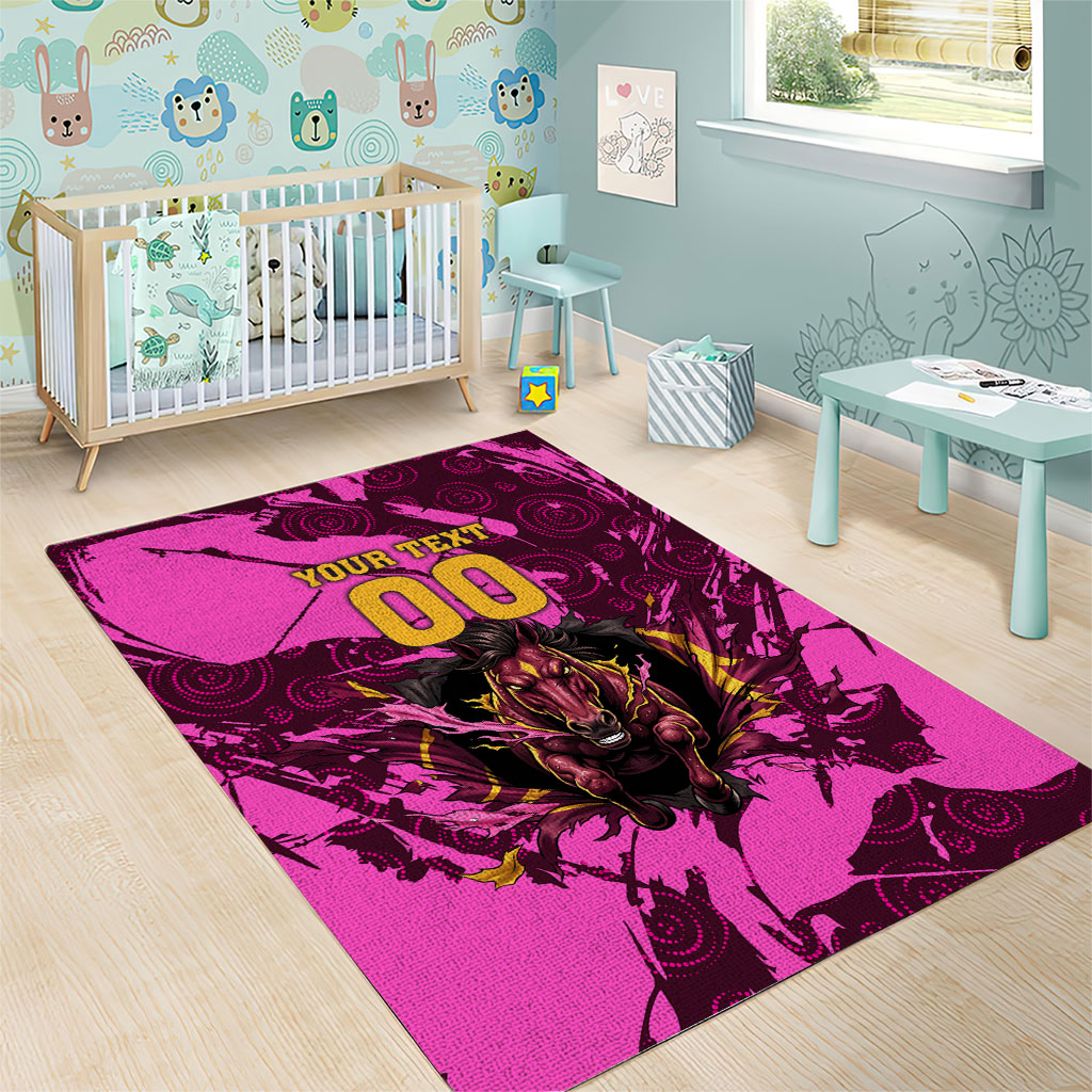 Personalised Brisbane Broncos Area Rug Fierce Horse Mascot In Pink Aboriginal Dot Art Style