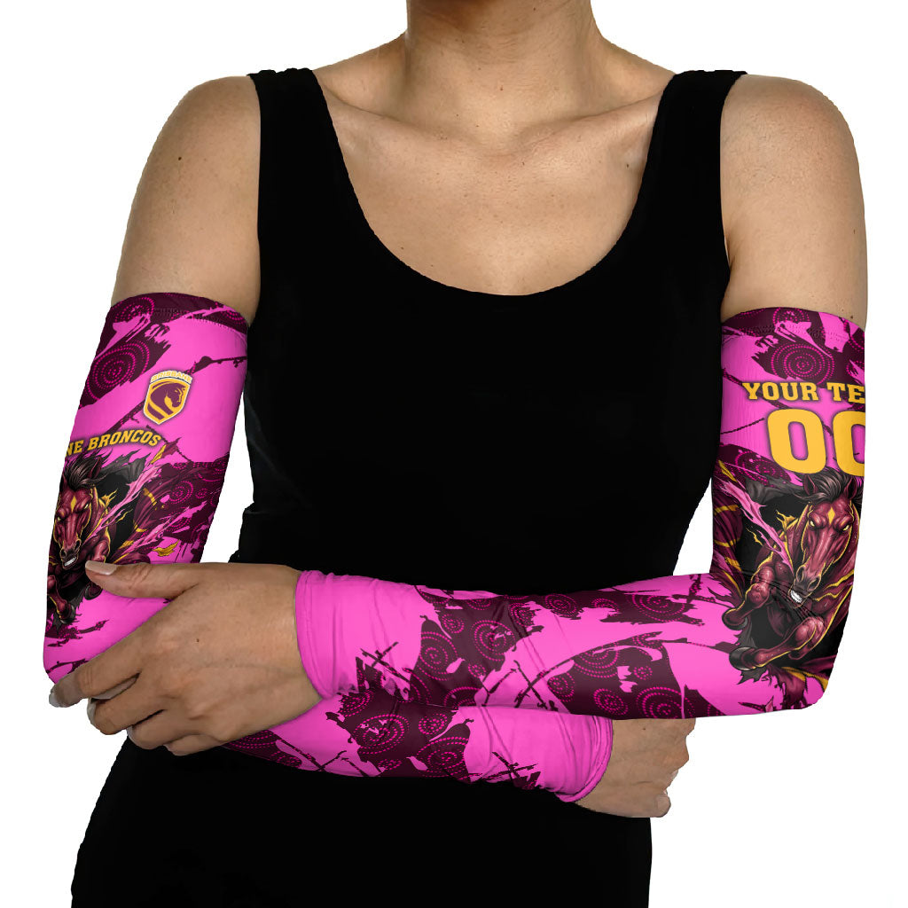 Personalised Brisbane Broncos Arm Sleeves Fierce Horse Mascot In Pink Aboriginal Dot Art Style