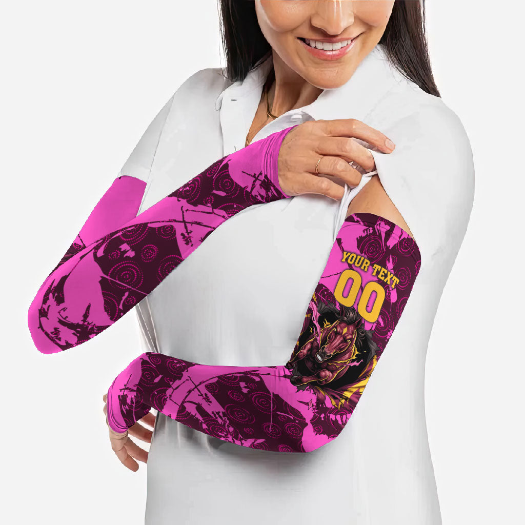Personalised Brisbane Broncos Arm Sleeves Fierce Horse Mascot In Pink Aboriginal Dot Art Style