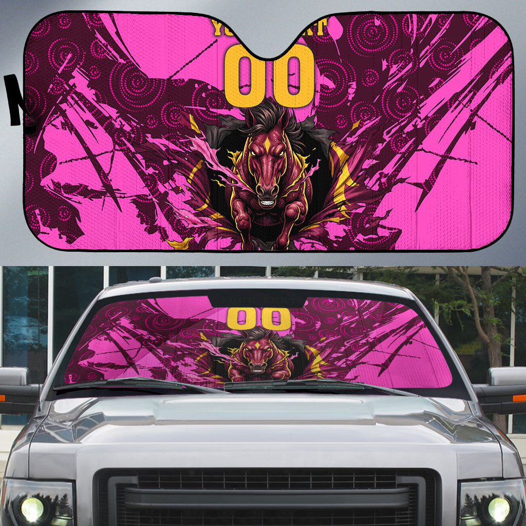 Personalised Brisbane Broncos Auto Sun Shade Fierce Horse Mascot In Pink Aboriginal Dot Art Style