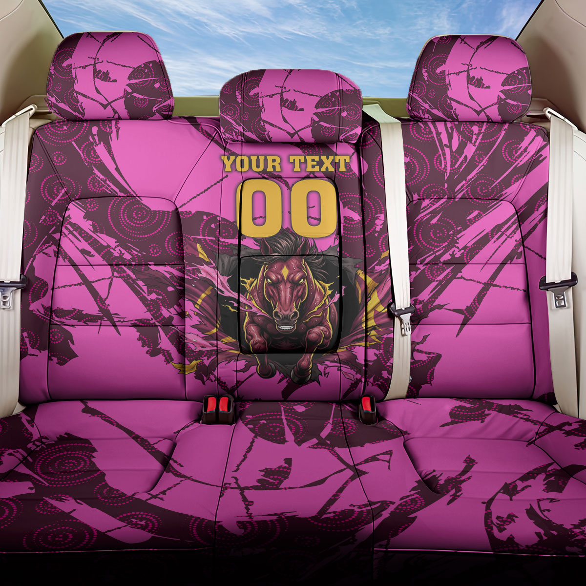 Personalised Brisbane Broncos Back Car Seat Cover Fierce Horse Mascot In Pink Aboriginal Dot Art Style