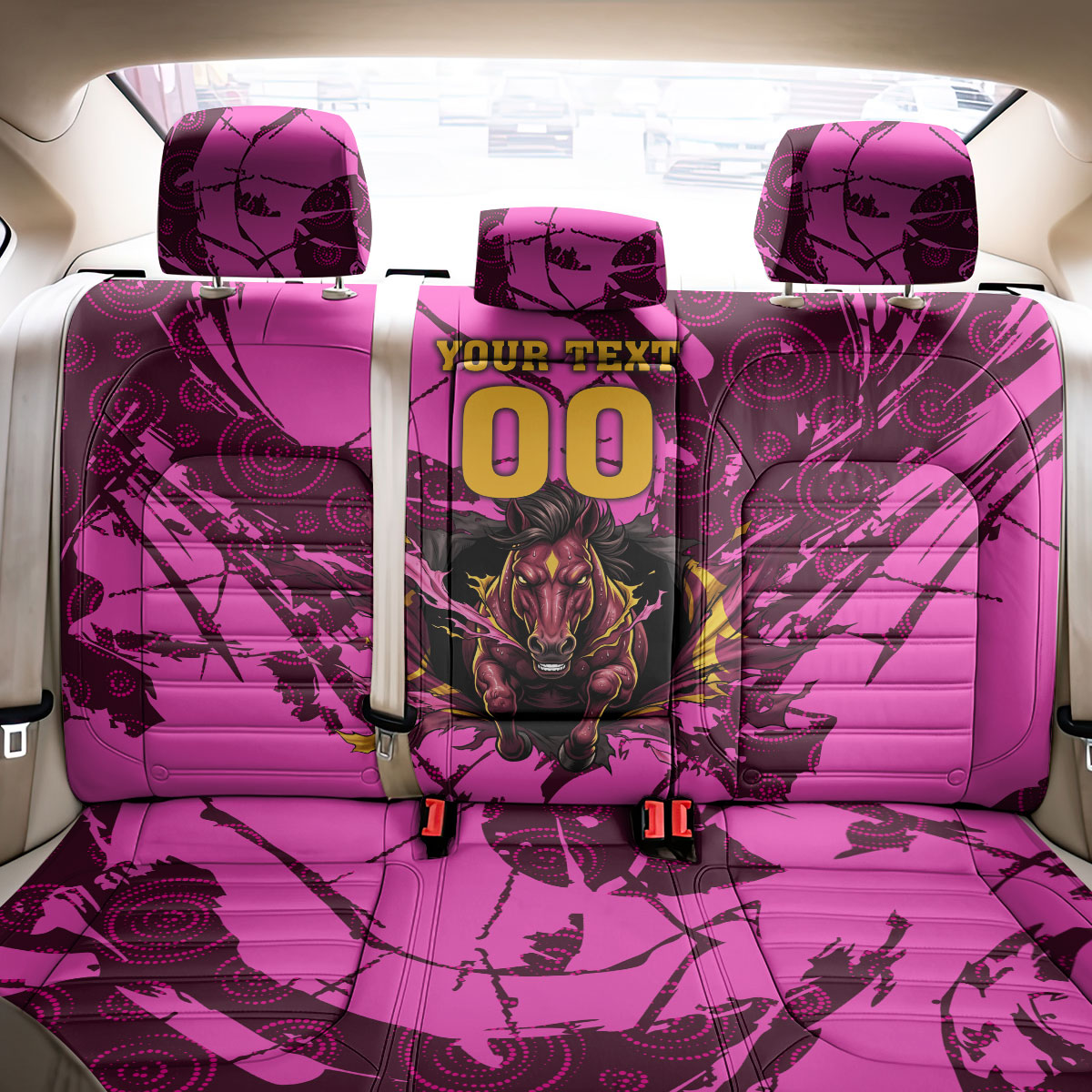 Personalised Brisbane Broncos Back Car Seat Cover Fierce Horse Mascot In Pink Aboriginal Dot Art Style