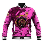 Personalised Brisbane Broncos Baseball Jacket Fierce Horse Mascot In Pink Aboriginal Dot Art Style