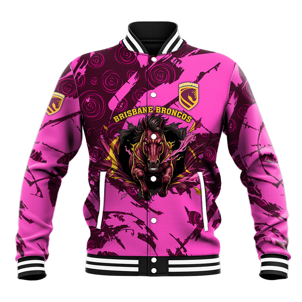 Personalised Brisbane Broncos Baseball Jacket Fierce Horse Mascot In Pink Aboriginal Dot Art Style