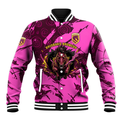 Personalised Brisbane Broncos Baseball Jacket Fierce Horse Mascot In Pink Aboriginal Dot Art Style