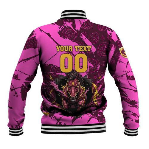 Personalised Brisbane Broncos Baseball Jacket Fierce Horse Mascot In Pink Aboriginal Dot Art Style