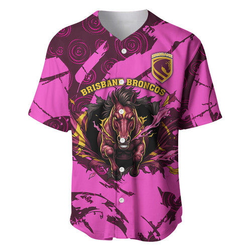 Personalised Brisbane Broncos Baseball Jersey Fierce Horse Mascot In Pink Aboriginal Dot Art Style