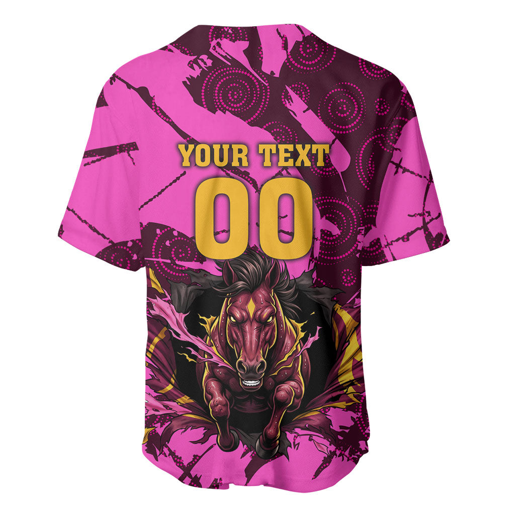 Personalised Brisbane Broncos Baseball Jersey Fierce Horse Mascot In Pink Aboriginal Dot Art Style
