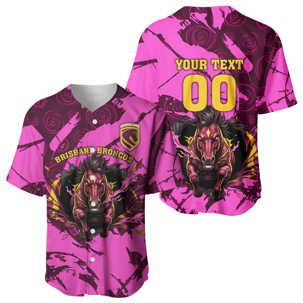 Personalised Brisbane Broncos Baseball Jersey Fierce Horse Mascot In Pink Aboriginal Dot Art Style