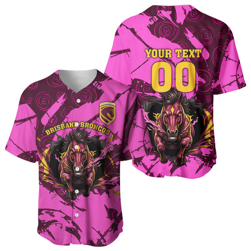 Personalised Brisbane Broncos Baseball Jersey Fierce Horse Mascot In Pink Aboriginal Dot Art Style