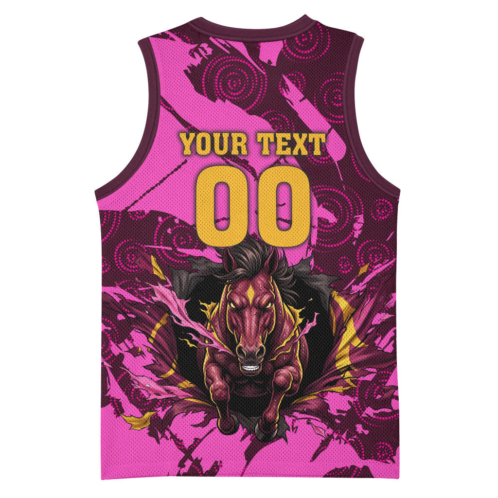 Personalised Brisbane Broncos Basketball Jersey Fierce Horse Mascot In Pink Aboriginal Dot Art Style