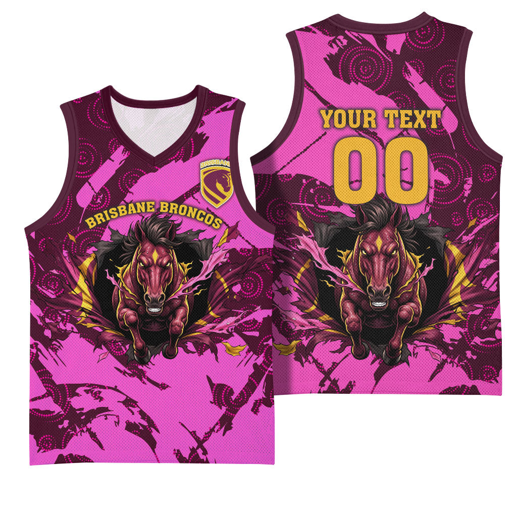 Personalised Brisbane Broncos Basketball Jersey Fierce Horse Mascot In Pink Aboriginal Dot Art Style