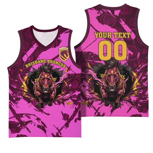 Personalised Brisbane Broncos Basketball Jersey Fierce Horse Mascot In Pink Aboriginal Dot Art Style
