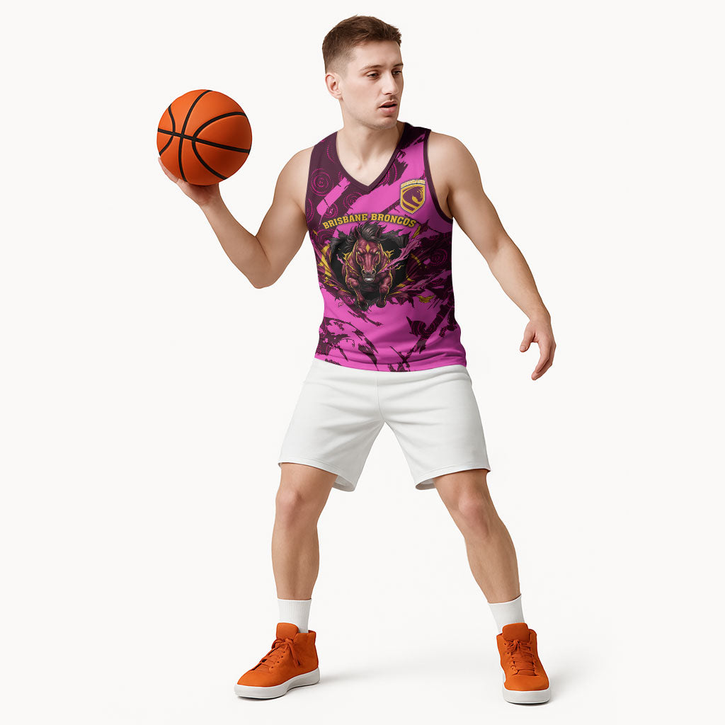 Personalised Brisbane Broncos Basketball Jersey Fierce Horse Mascot In Pink Aboriginal Dot Art Style