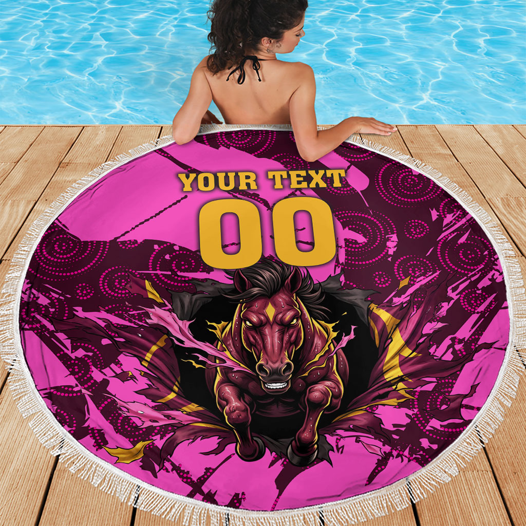 Personalised Brisbane Broncos Beach Blanket Fierce Horse Mascot In Pink Aboriginal Dot Art Style