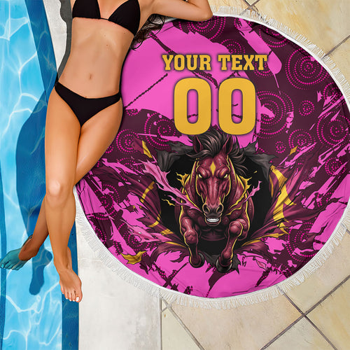 Personalised Brisbane Broncos Beach Blanket Fierce Horse Mascot In Pink Aboriginal Dot Art Style