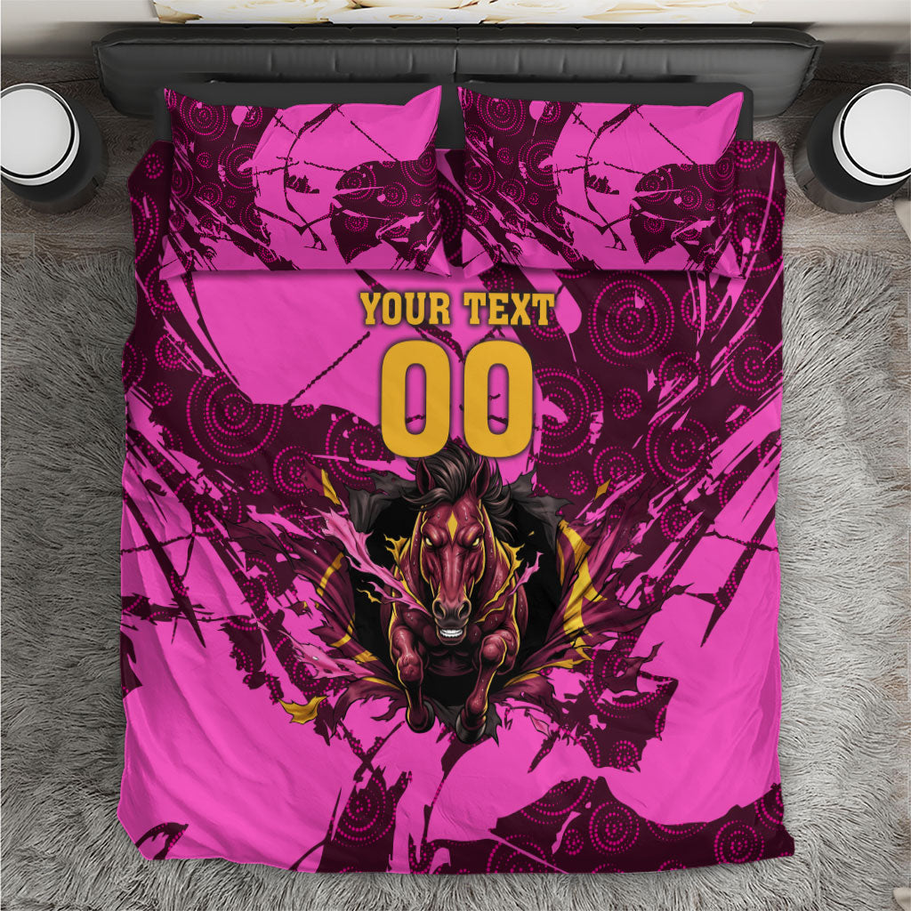 Personalised Brisbane Broncos Bedding Set Fierce Horse Mascot In Pink Aboriginal Dot Art Style