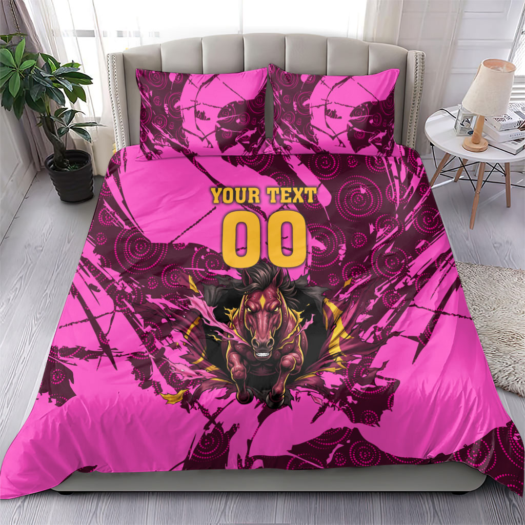 Personalised Brisbane Broncos Bedding Set Fierce Horse Mascot In Pink Aboriginal Dot Art Style