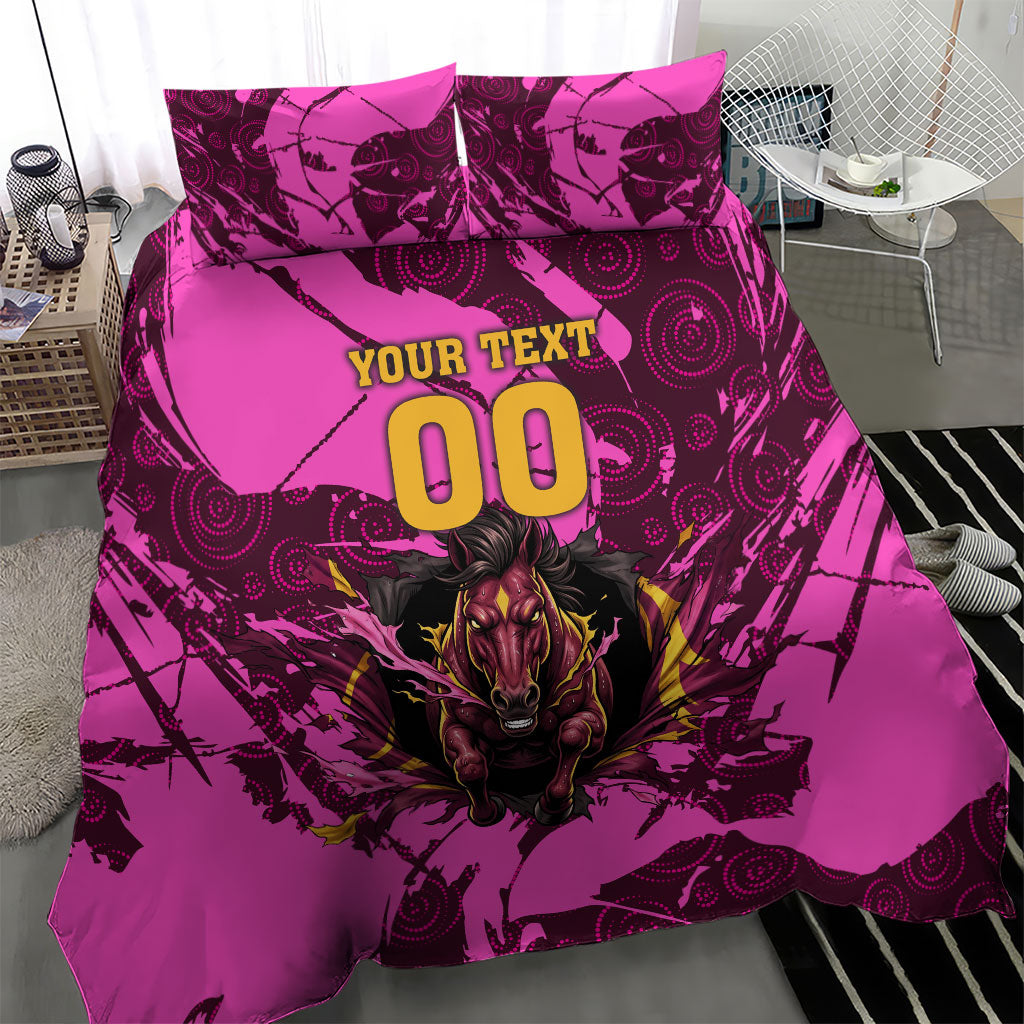 Personalised Brisbane Broncos Bedding Set Fierce Horse Mascot In Pink Aboriginal Dot Art Style