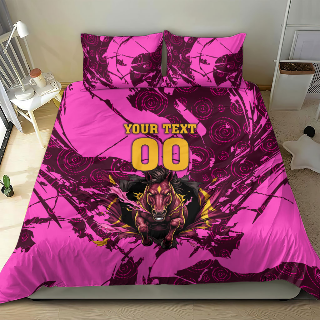 Personalised Brisbane Broncos Bedding Set Fierce Horse Mascot In Pink Aboriginal Dot Art Style
