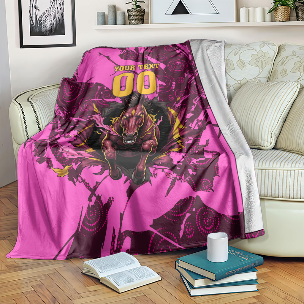 Personalised Brisbane Broncos Blanket Fierce Horse Mascot In Pink Aboriginal Dot Art Style