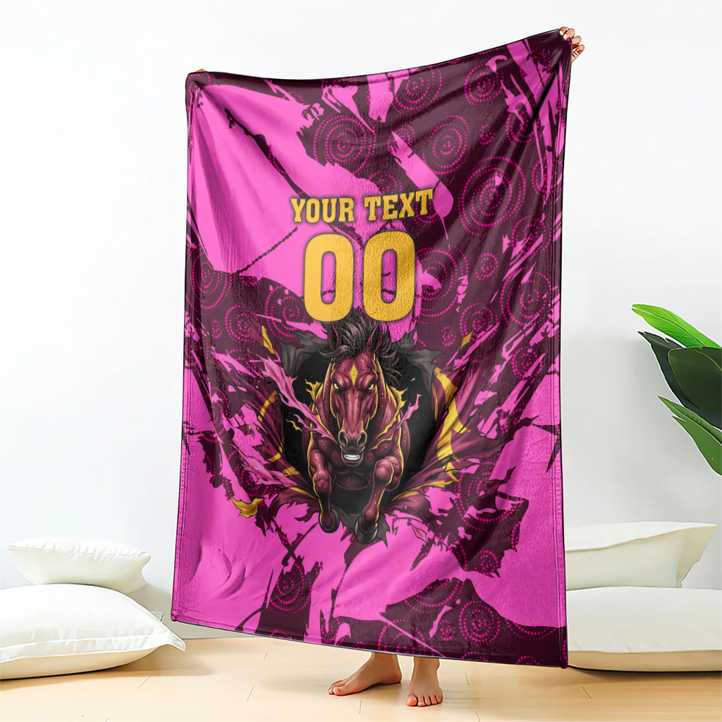 Personalised Brisbane Broncos Blanket Fierce Horse Mascot In Pink Aboriginal Dot Art Style