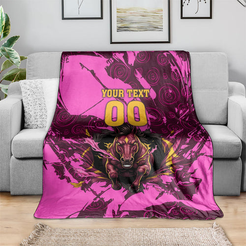 Personalised Brisbane Broncos Blanket Fierce Horse Mascot In Pink Aboriginal Dot Art Style
