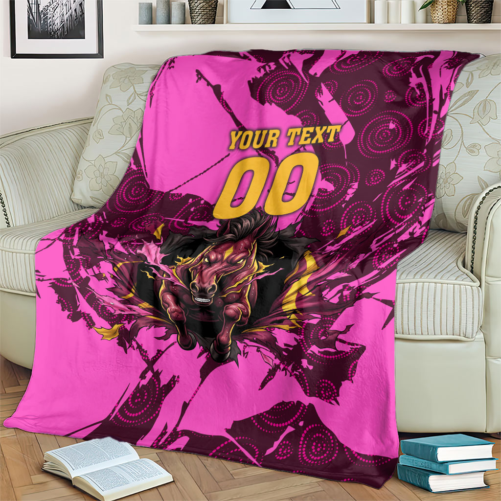 Personalised Brisbane Broncos Blanket Fierce Horse Mascot In Pink Aboriginal Dot Art Style
