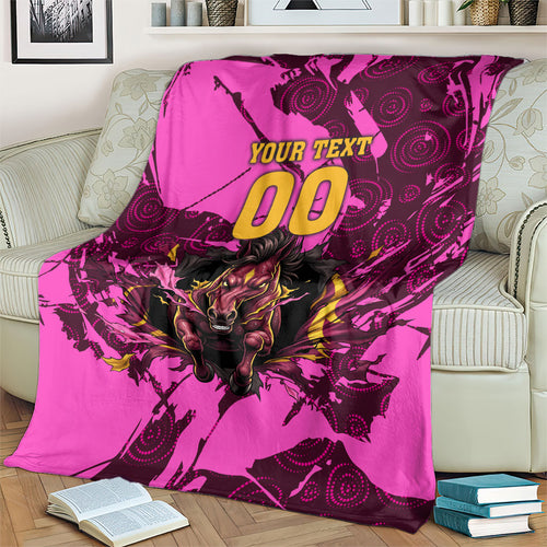 Personalised Brisbane Broncos Blanket Fierce Horse Mascot In Pink Aboriginal Dot Art Style