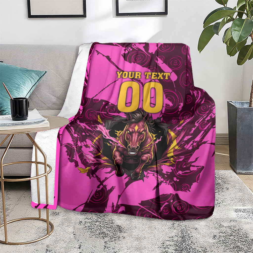 Personalised Brisbane Broncos Blanket Fierce Horse Mascot In Pink Aboriginal Dot Art Style