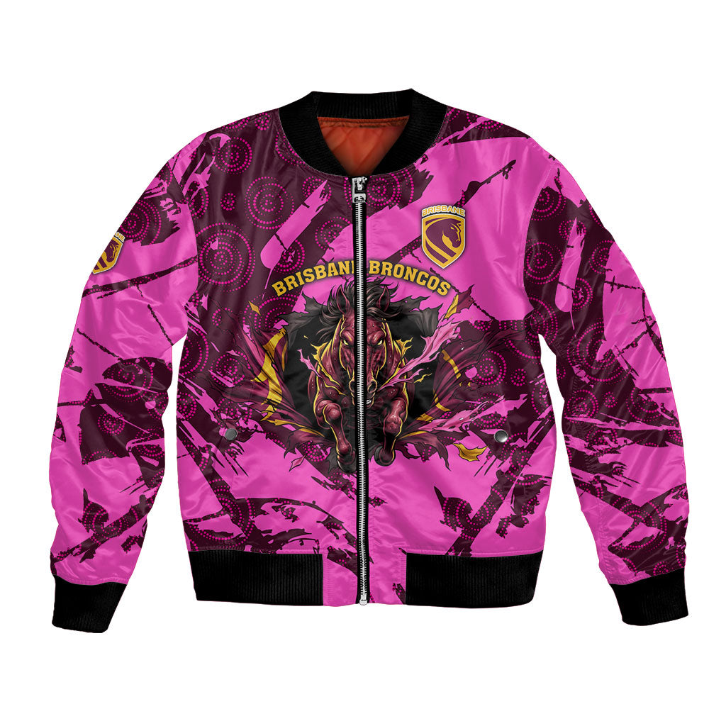Personalised Brisbane Broncos Bomber Jacket Fierce Horse Mascot In Pink Aboriginal Dot Art Style