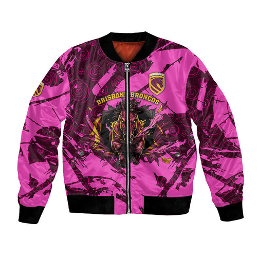 Personalised Brisbane Broncos Bomber Jacket Fierce Horse Mascot In Pink Aboriginal Dot Art Style