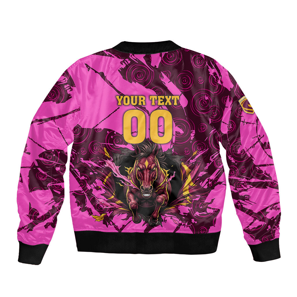 Personalised Brisbane Broncos Bomber Jacket Fierce Horse Mascot In Pink Aboriginal Dot Art Style