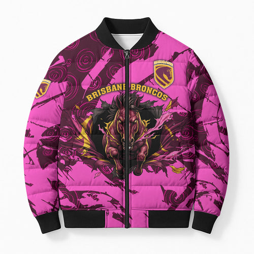 Personalised Brisbane Broncos Bomber Puffer Jacket Fierce Horse Mascot In Pink Aboriginal Dot Art Style