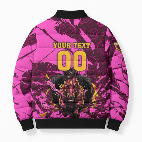 Personalised Brisbane Broncos Bomber Puffer Jacket Fierce Horse Mascot In Pink Aboriginal Dot Art Style