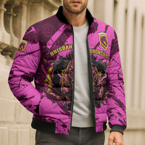 Personalised Brisbane Broncos Bomber Puffer Jacket Fierce Horse Mascot In Pink Aboriginal Dot Art Style
